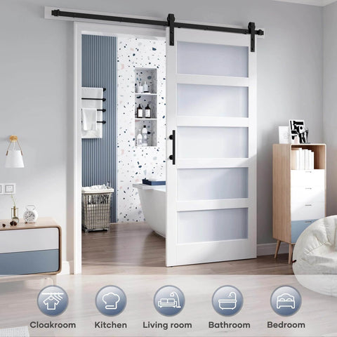 36x84 Inch Glass Sliding Barn Door Slab With 6.6 Ft Hardware Kit Included Five Frosted Glass Panes LVL Wood Core Covered In White Waterproof Scratch Proof PVC Surface Built To Last And A Snap To Install For A Clean Modern Look installed in modern bathroom