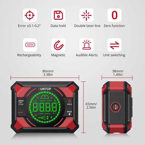 Digital Angle Finder With Dual Laser Level, Inclinometer And Electronic Level, 0-180° Range, Precise to ±0.1° At 0°/90°, 0.05° Resolution, LED Readout And Beep Alerts, Handy 3-In-1 Tool For Leveling, Angles, And Hanging. Compact red and black magnetic unit with size labels.