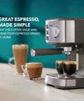 Compact Espresso Machine With 15 Bar Pump And Steam Wand Milk Frother Automatic Coffee Maker brewing espresso into cups.