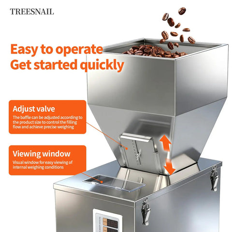 Auto Powder Filling Machine With Smart Scale Dispenser For Coffee Tea Flour Spices And Granules Delivers Rock Solid Accuracy, showing adjustable valve and viewing window.