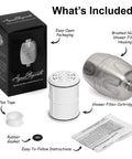 Chlorine Shower Filter And Water Purifier For Healthier Skin And Hair set with nickel housing, cartridge, gasket, tape, and instructions