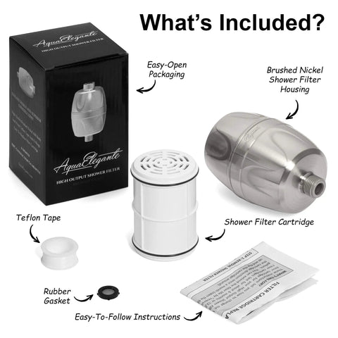 Chlorine Shower Filter And Water Purifier For Healthier Skin And Hair set with nickel housing, cartridge, gasket, tape, and instructions