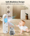 All Season Bladeless Space Heater And Tower Fan Combo with Remote near baby and cat, displayed in a modern living room.