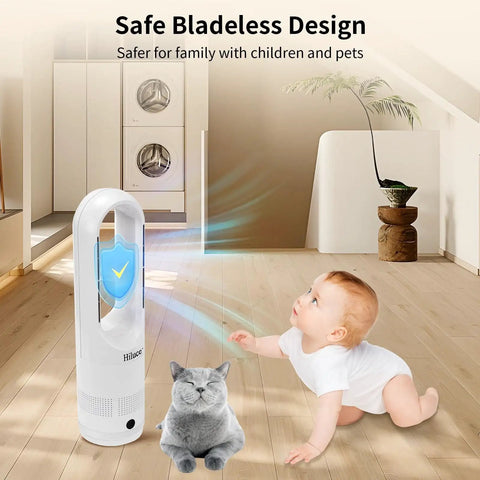All Season Bladeless Space Heater And Tower Fan Combo with Remote near baby and cat, displayed in a modern living room.