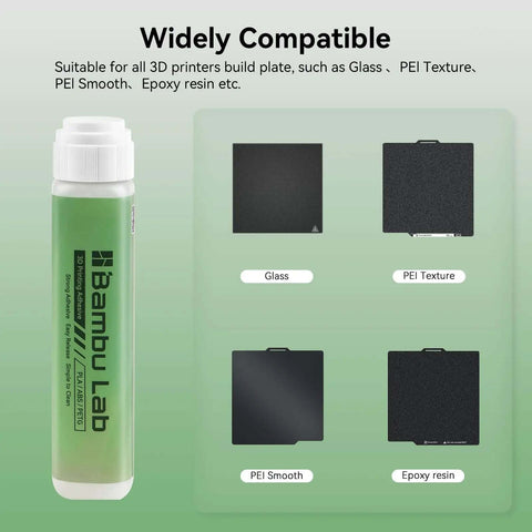 Rock Solid 60ML 3D Printer Adhesive Glue with examples of glass, PEI Texture, PEI Smooth, Epoxy resin surfaces. Compatible with Bambu Lab.