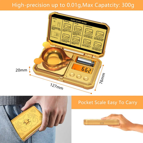 Pocket Digital Gram Scale 300g Capacity With 0.01g Precision sleek gold case with skull motif, displayed open and in hand.