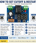12V to 36V DC Low Voltage Cutoff Module With Programmable Battery Protector And LED Display, Plug And Play Ready Low Voltage Disconnect Switch For 12V 24V 36V Solar, RV, Car, And Boat Battery Systems, 2 Pack showing cutoff settings