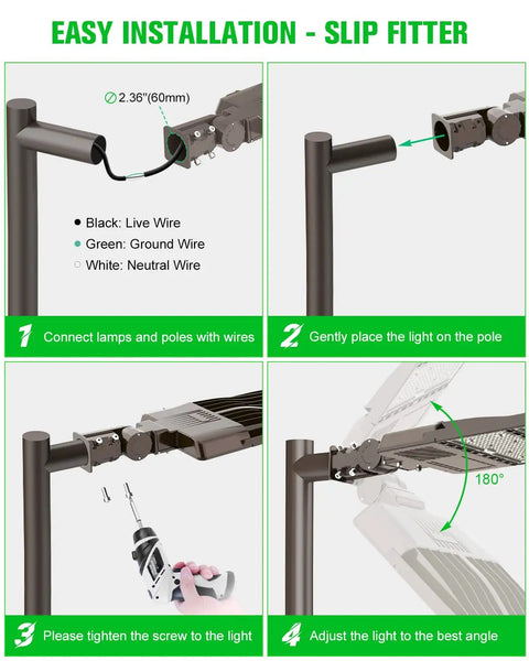 Installation guide for 240W LED Parking Lot Light With Photocell, 33,600 Lumens, 5000K Daylight White featuring slip fitter instructions