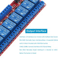 Close-up of 8 Channel 5V Relay Module with Opto Isolated Inputs showing relays and output interface details.