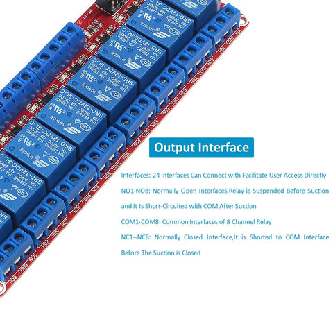 Close-up of 8 Channel 5V Relay Module with Opto Isolated Inputs showing relays and output interface details.