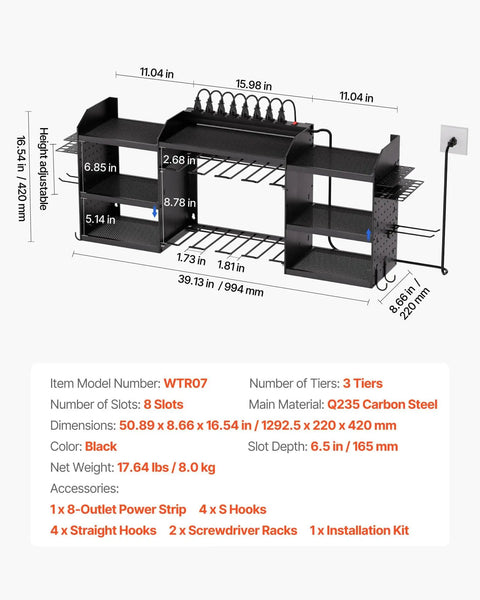 Power Tool Organizer With Charging Station And Eight Outlet Power Strip, three-tier tool rack with eight drill slots, dimensions labeled