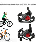 Heavy Duty Aluminum Disc Brake Set Delivers Beast Mode Stopping Power With A Slick No Fuss Setup That Crushes It For Mountain Trails Or Daily City Rides Keeps You Secure All Day Black with close-up of brake calipers.