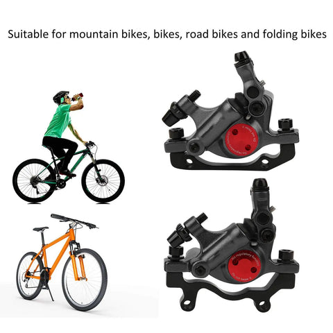 Heavy Duty Aluminum Disc Brake Set Delivers Beast Mode Stopping Power With A Slick No Fuss Setup That Crushes It For Mountain Trails Or Daily City Rides Keeps You Secure All Day Black with close-up of brake calipers.