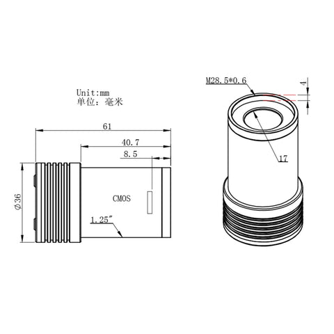 Technical diagram of ASI174MM-Mini Monochrome Astronomy Camera For Killer Autoguiding And Planetary Imaging, dimensions in mm