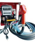 Rig Ready Electric Diesel Transfer Pump Kit With Auto Shut Off Nozzle Mechanical Meter And Long Reach Hoses showing detailed assembly and hoses.