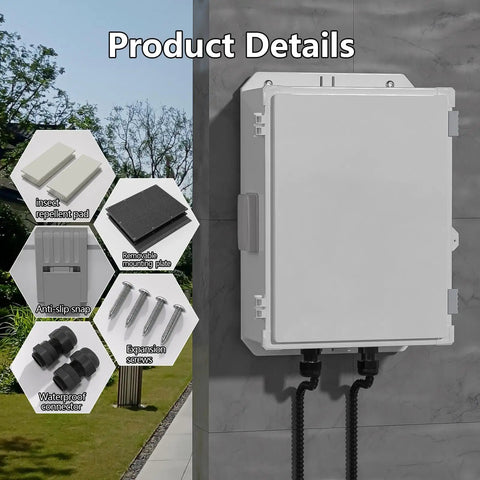 Heavy Duty ABS Electrical Enclosure Box 18.3 X 12.7 X 6.5 Inch with insect pads and waterproof connectors on wall.