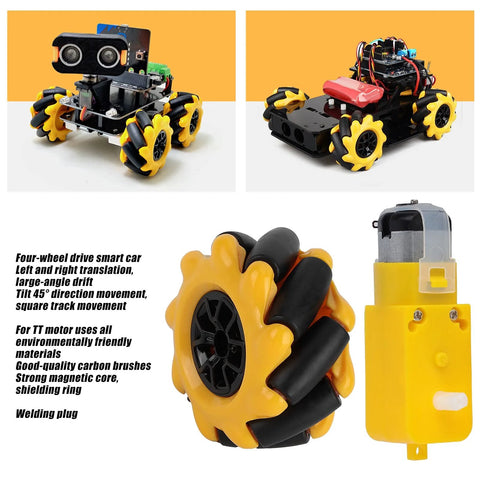 Front view of four yellow and black 48mm Mecanum wheels with TT geared motor for a DIY robot car.