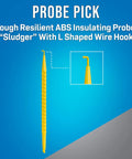 5 Piece Telecom Installer Kit With Can Wrench, Ergonomic Splicing Knife, Electrician Scissors, Probe Pick, And Rugged PVC Tool Pouch For Field Wiring And Quick Box Access On The Job, yellow probe pick with L shaped hook.