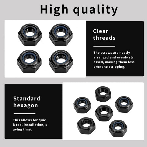 Heavy Duty M4 Nylon Insert Lock Nuts 150 Piece Assortment Black Metric Nylock Hex Bolts showing clear threads and hexagon design.