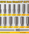 Deep Bolt Extractor Kit 15-Piece Set For 6mm To 19mm Nuts And Studs shown with individual socket sizes and drive adapter.
