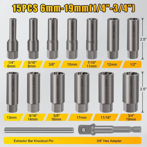 Deep Bolt Extractor Kit 15-Piece Set For 6mm To 19mm Nuts And Studs shown with individual socket sizes and drive adapter.