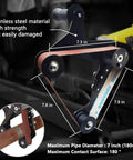 Heavy Duty Belt Sander Adapter For Angle Grinder With 15 Sanding Belts showing 7 inch diameter pipe compatibility and stainless steel construction.