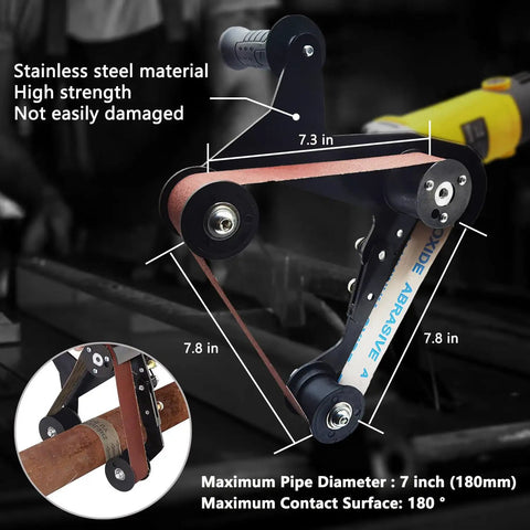 Heavy Duty Belt Sander Adapter For Angle Grinder With 15 Sanding Belts showing 7 inch diameter pipe compatibility and stainless steel construction.