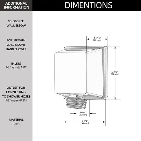 Dimensions diagram of Matte Black Square Wall Elbow For Handheld Shower Durable Solid Brass Fitting with 1/2-inch IPS inlet.