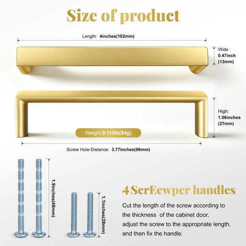 Dimensions and screw details for Ten Pack Brass Gold Solid Square Cabinet Pulls And Drawer Handles For Kitchen Cabinets Cupboards And Dressers Three And Three Quarters Inch Length Bar Width About Half Inch Ninety Six Millimeter Center To Center Mount Durable Solid Metal Hardware.