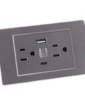 Usb And Type C Wall Outlet 15A Dual Charging Station With Flame Retardant Polycarbonate Panel And Reinforced Steel Core Sleek Modern Design Built Tough For Bedroom Living Room Safe Us Plug Lowkey Amazing, gray charging station with USB and Type C ports.