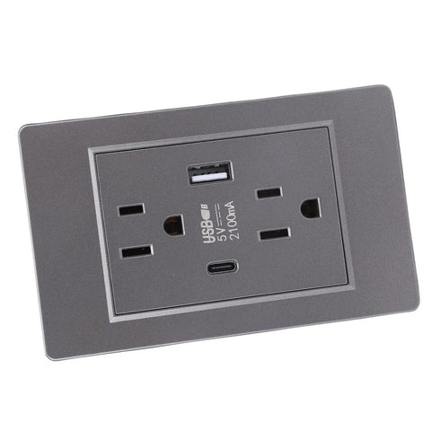 Usb And Type C Wall Outlet 15A Dual Charging Station With Flame Retardant Polycarbonate Panel And Reinforced Steel Core Sleek Modern Design Built Tough For Bedroom Living Room Safe Us Plug Lowkey Amazing, gray charging station with USB and Type C ports.