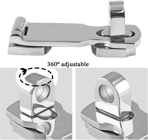 Marine Grade 316 Stainless Steel Door Hasps 2 Pack, 3 inch swivel safety hasps with turning padlock eye mount, close-up view.