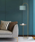 Arc Floor Lamp With Hanging Drum Shade And Marble Base Modern Tall Standing Light With Integrated Side Table Gold Brass Finish