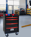 Heavy Duty Rolling Tool Chest With Locking Wheels And Ball Bearing Drawers, Mobile Garage Tool Cart, Metal Black Tool Box displayed in a workshop.