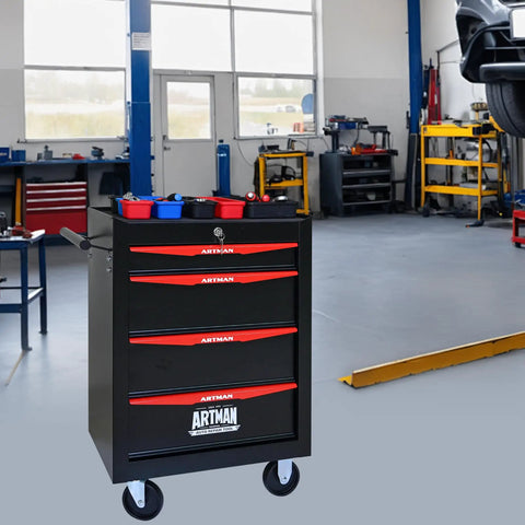 Heavy Duty Rolling Tool Chest With Locking Wheels And Ball Bearing Drawers, Mobile Garage Tool Cart, Metal Black Tool Box displayed in a workshop.
