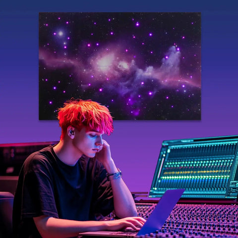 A young adult focused on a laptop in a studio, with a colorful starry backdrop and 8 Pack Fiber Optic Starlight Soundproof Foam Panels.