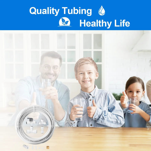 Ice maker water line kit, front view, white food-grade tubing, 25 ft, 1/4 in OD, quick fittings