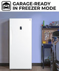 Straight Up Spacious 14 Cubic Foot Upright Fridge And Freezer Combo With Auto Defrost, Garage Ready coolers in freezer mode in garage.