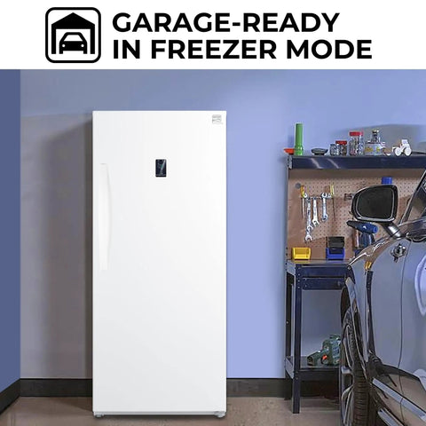 Straight Up Spacious 14 Cubic Foot Upright Fridge And Freezer Combo With Auto Defrost, Garage Ready coolers in freezer mode in garage.