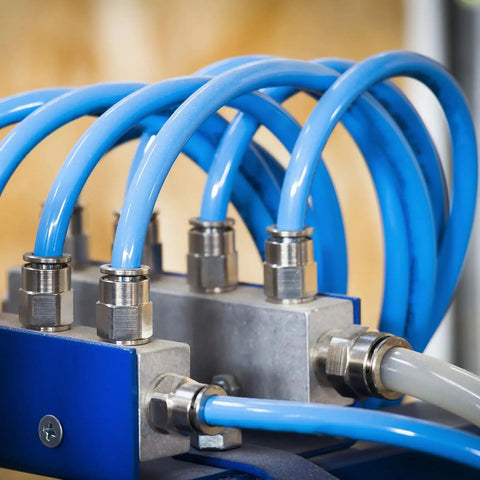 Push To Connect Pneumatic Fittings For Six Millimeter Tube OD To One Quarter Inch NPT Female Straight Quick Connect Air Line Fittings Black PCF6 N02 installed in air system