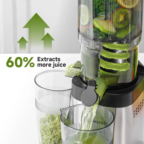 AMZCHEF Cold Press Juicer With 5.4 Inch Slow Masticating Wide Feed Chute, juices leafy greens and fruits efficiently.