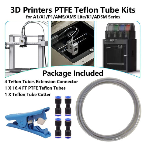 Ultra Smooth PTFE Teflon Tube Kit With 16.4 Ft Tubing, Cutter And Four Extension Connectors For Bambu Lab A1 P1 X1 K1 AD5M Series 3D Printers