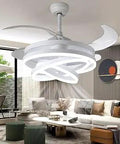 Retractable Ceiling Fan Chandelier Light 2 In 1 LED Crystal DIY Design For Indoor Outdoor Garden Decor With Remote Control And Timer 1h 2h 4h Dope Extendable ABS Blades installed in a modern living room.