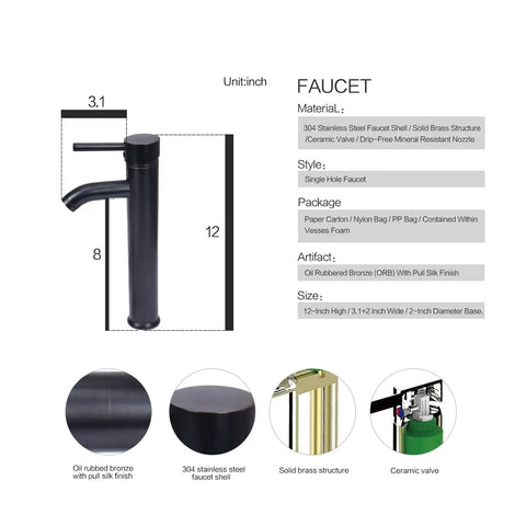 Oil rubbed bronze faucet for Dope Look Vessel Sink For Your Bathroom, dimensions 12x3.1 inches, solid brass and steel.