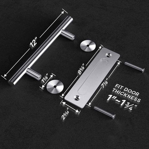 12 Inch Stainless Steel Sliding Barn Door Handles And Pulls Set With Flush Mount Hardware, installed view with measurements.