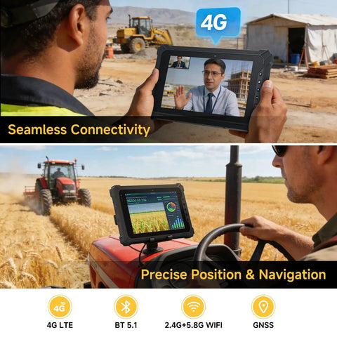 Hardcore 10.1 Inch Android 14 Industrial Tablet With Built In Zebra Barcode Scanner Heavy Duty 8GB Ram 128GB Storage Drop Resistant Rugged PC used on tractor for navigation.