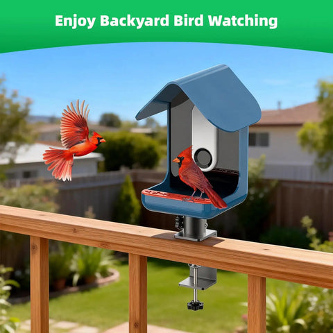 Heavy Duty Clamp-On Railing Mount For Bird Buddy Pro1 Pro2 Smart Feeder attached to deck rail with two birds nearby