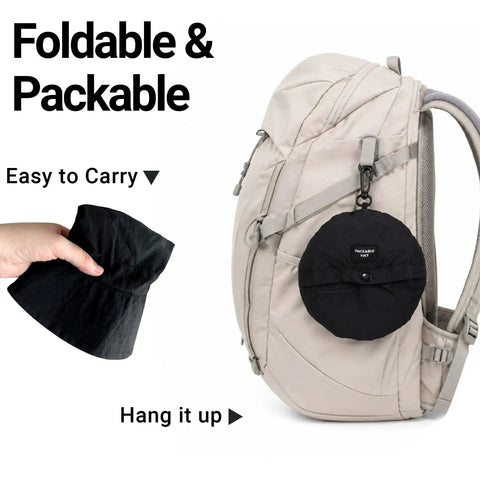 Packable Sun Bucket Hat For Men With UV Protection Lightweight Waterproof Outdoor Cap folded and attached to backpack