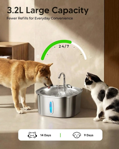 Stainless Steel Cat Water Fountain With Quiet Pump Three Point Two Liter 108Oz For Cats Dishwasher Safe 304 Stainless Steel Rust Resistant BPA Free Purrfect Hydration Dispenser with dog and cat drinking