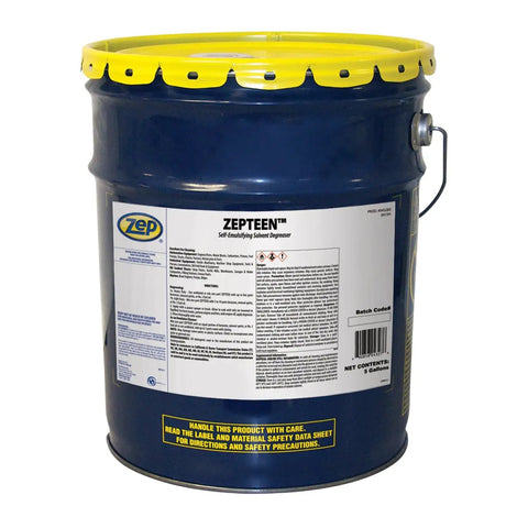5-gallon container of ZEP self-emulsifying solvent degreaser for heavy grease and grime cleanup, blue drum with yellow lid